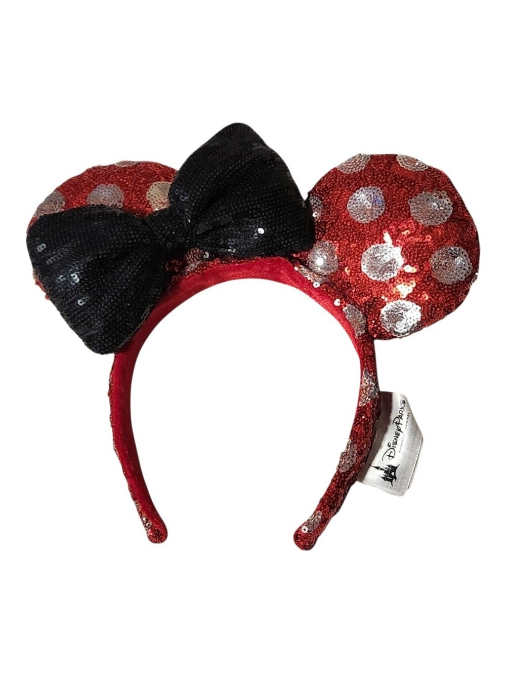 Disney Parks Minnie Mouse Ear Headband Red/Silver Polka Dots Black Bow Sequins